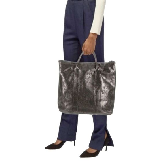 ATM Black Metallic Antique Silver Suede Leather Bucket Large Tote Bag NWT
